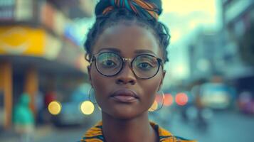 ai généré une Jeune magnifique africain femme dans des lunettes sur occupé ville rue photo