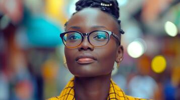 ai généré une Jeune magnifique africain femme dans des lunettes sur occupé ville rue photo