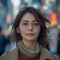 ai généré portrait de Jeune magnifique Japonais femme dans des lunettes sur occupé ville rue photo