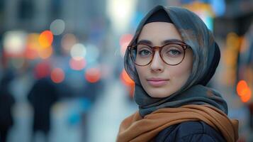ai généré magnifique Jeune musulman femme portant des lunettes et hijab photo