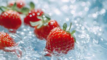 ai généré Frais des fraises éclabousser dans cristal clair l'eau photo