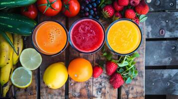 ai généré assorti Frais fruit jus avec Ingrédients sur en bois table Haut vue photo