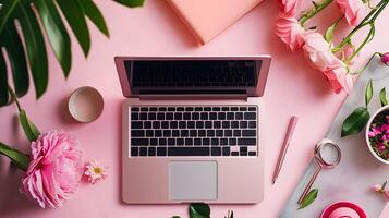 ai généré féminin Accueil Bureau espace de travail avec portable rose esthétique et fleurs plat allonger photo