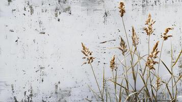 ai généré une proche en haut de certains grand herbes contre une blanc mur photo