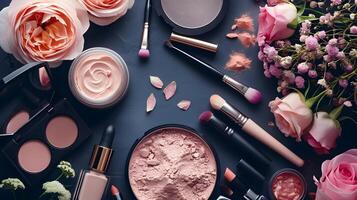 ai généré luxe beauté maquillage et soin de la peau des produits avec rose des roses plat allonger photo