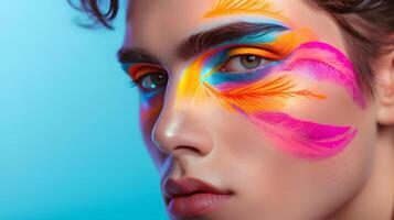 ai généré coloré inspiré des plumes œil maquillage sur Masculin modèle photo