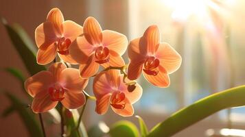 ai généré Orange orchidées dans de face de une fenêtre photo