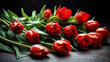 ai généré illuminé vibrant rouge tulipes contre une foncé toile de fond photo