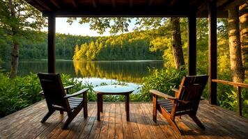 ai généré serein bord du lac vue avec en bois plate-forme et sièges, calme des eaux, forêt réflexion photo