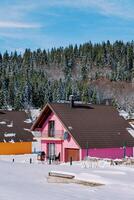 rose à deux étages maison avec une terrasse dans le neige à le bord de une conifère forêt dans le village photo