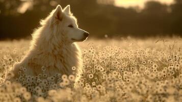 ai généré de bonne humeur blanc chien avec duveteux fourrure. samoyède race. camomille le coucher du soleil champ. blanc et Jaune fleurs. vert herbe. photo