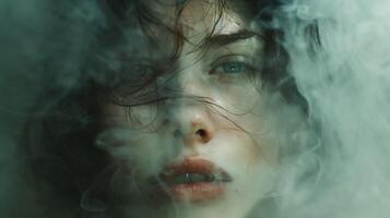 ai généré mystérieux femme avec ébouriffé cheveux enveloppé dans brume, affichage un intense regard, éthéré beauté concept photo