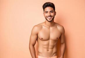 ai généré souriant Jeune latino homme avec tonique physique posant dans maillots de bain, parfait pour aptitude et été vacances concepts photo