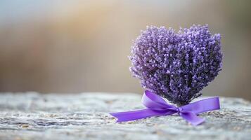 ai généré bouquet de lavande fleurs lié avec une violet ruban sur une texturé surface avec une doux concentrer arrière-plan, convoyer une sens de calme ou un élégant les mères journée cadeau concept photo