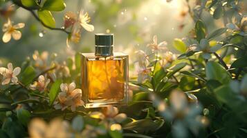 ai généré une luxe verre parfum bouteille sur fleurs jardin avec Matin lumière arrière-plan, une large bannière avec copie espace zone photo