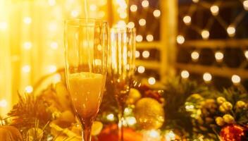 deux Champagne des lunettes rempli avec Champagne sont mis sur une table avec une fruit arrangement. le des lunettes sont entouré par lumières, création une de fête atmosphère. photo