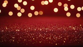 ai généré abstrait arrière-plan, foncé rouge, or particules - Noël d'or lumière éclat particules bokeh. photo