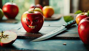 ai généré Pomme mal souriant - sculpté mal sourire sur pomme, couteau repose proche sur en bois surface, intérieur éclairage. photo