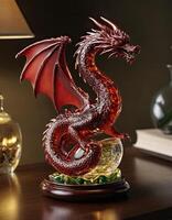 ai généré dragon avec propager ailes statuette sur en bois table dans bien éclairé chambre, symbolisant Puissance et Succès dans chinois culture, surtout dans le année de le dragon, 2024. présent pour chinois Nouveau photo