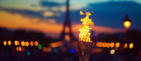 ai généré crépuscule Paris Jeux olympiques, Eiffel torche flamber photo