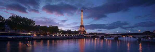 ai généré crépuscule Eiffel la tour panorama avec Seine photo