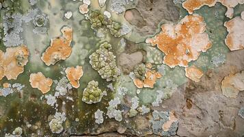 ai généré détaillé texture de coloré lichen et mousse croissance sur une patiné Roche surface, fournir une Naturel abstrait Contexte pour éco amical et environnement concepts photo