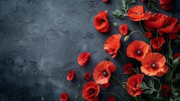 ai généré vibrant rouge coquelicots épars sur une texturé foncé gris arrière-plan, une symbolique floral hommage pour souvenir journée ou anzac journée commémorations photo