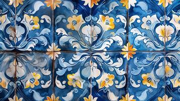 ai généré traditionnel Portugais azulejo carrelage avec fleuri bleu et Jaune floral motifs, idéal pour arrière-plans ou culturel concepts en relation à le Portugal et ses artisanal patrimoine photo