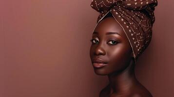 ai généré élégant africain femme avec une traditionnel foulard, avec doux se maquiller, serein expression contre une marron arrière-plan, adapté pour beauté ou culturel la diversité concepts photo
