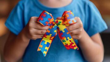 ai généré enfant mains en portant un autisme conscience ruban avec coloré puzzle pièces, représentant la diversité et complexité, contre une flou Contexte pour monde autisme conscience journée photo