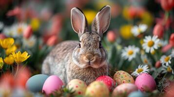 ai généré proche en haut de une marron lapin avec coloré Pâques des œufs au milieu de printemps fleurs, symbolisant Pâques vacances célébrations photo