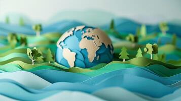 ai généré papercraft 3d globe sur une stylisé vague modèle, représentant Terre, entouré par des arbres, idéal pour environnement concepts et Terre journée promotions photo