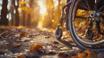 ai généré proche en haut de fauteuil roulant dans automnal parc, avec déchue feuilles et d'or lumière du soleil, représentant mobilité et indépendance pendant le tomber saison photo