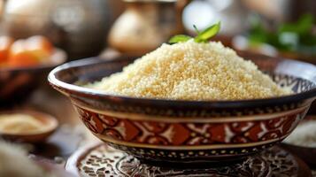 ai généré proche en haut de une bol de cuit couscous garni avec une basilic feuille, suggérant une Nord africain culinaire thème photo