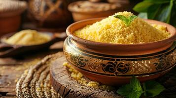 ai généré traditionnel Nord africain couscous dans un fleuri argile bol, garni avec menthe, sur une rustique en bois surface avec céréales effusion autour, capturer exotique culinaire concepts photo