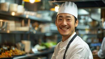 ai généré de bonne humeur asiatique Masculin chef souriant dans commercial cuisine avec flou cuisine équipement dans le arrière-plan, représentant hospitalité et culinaire professionnalisme photo