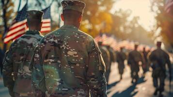 ai généré en uniforme soldats marcher avec nous drapeaux pendant une patriotique anciens combattants journée parade, reflétant militaire un service et nationale fierté, rétro-éclairé par le d'or heure Soleil photo