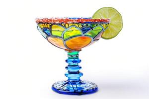 ai généré une coloré Margarita verre décoration avec citron vert et sel, isolé sur une blanc Contexte photo