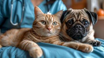 ai généré proche en haut de un adorable gingembre chat et faon carlin chiot mensonge ensemble avec une soins de santé professionnel dans gommages, représentant animal de compagnie se soucier et animal camaraderie photo