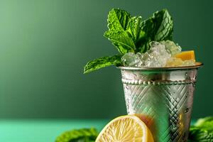 ai généré une traditionnel menthe julep boisson orné avec une brin de menthe et une tranche de citron, isolé sur une pente Contexte photo