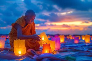 ai généré bouddhiste moine méticuleusement organiser coloré lanternes en dessous de une serein crépuscule ciel symbolisant vesak journées révérenciel fête photo