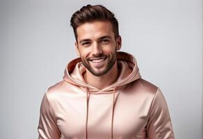 ai généré sur de soi Jeune adulte homme souriant dans une élégant pêche sweatshirt à capuche, incorporant décontractée mode et positivité, parfait pour mode de vie et vêtements commercialisation photo