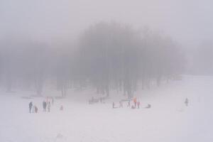 skieurs et lugeurs sur une couvert de neige brumeux plaine à le bord de le forêt photo