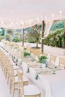 longue de fête table avec osier chaises des stands en dessous de une en tissu canopée avec éclairage dans le jardin photo