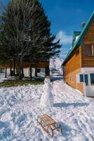 en bois traîneaux supporter près une bonhomme de neige près une en bois chalet dans le Cour photo