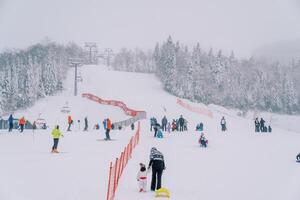 Parents avec les enfants ski et traîneau le long de le ski pente à le kolasine 1600 station balnéaire. Monténégro photo