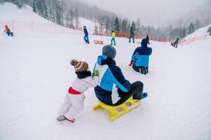 petit enfant pousse le sien papa sur une traîneau vers le bas une neigeux colline. retour vue photo