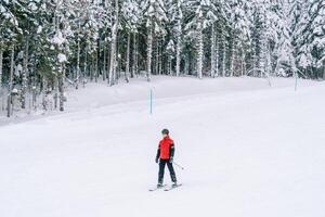 skieur dans une rouge ski costume des skis le long de une neigeux pente le long de le bord de une forêt photo