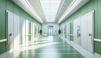 ai généré intérieur de un vide blanc couloir dans une moderne, brillant hôpital avec vert des murs. le scène devrait représenter une nettoyer photo