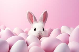 ai généré Pâques lapin peeps en dehors de le trou sur pastel rose Contexte photo